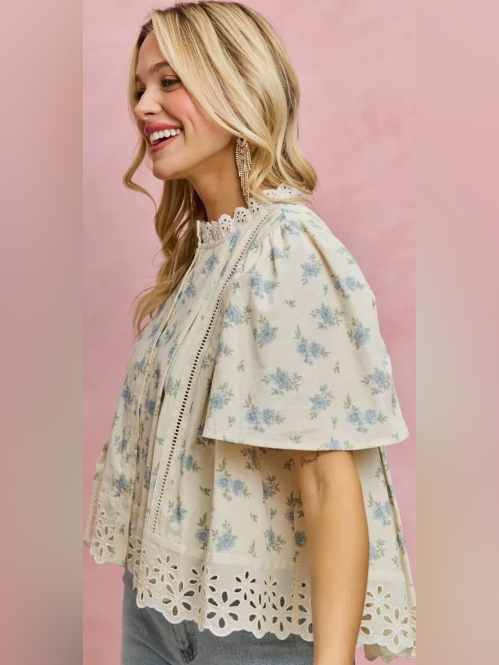 So Me Floral Print Lace Trim Blouse Top in Blue - Picture 4 of 7